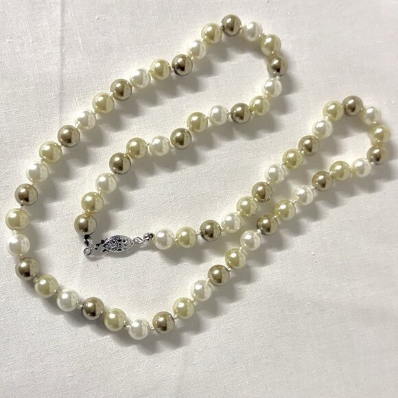 Faux Glass Pearl Necklace White Taupe 22" .925 Clasp - Picture 2 of 7